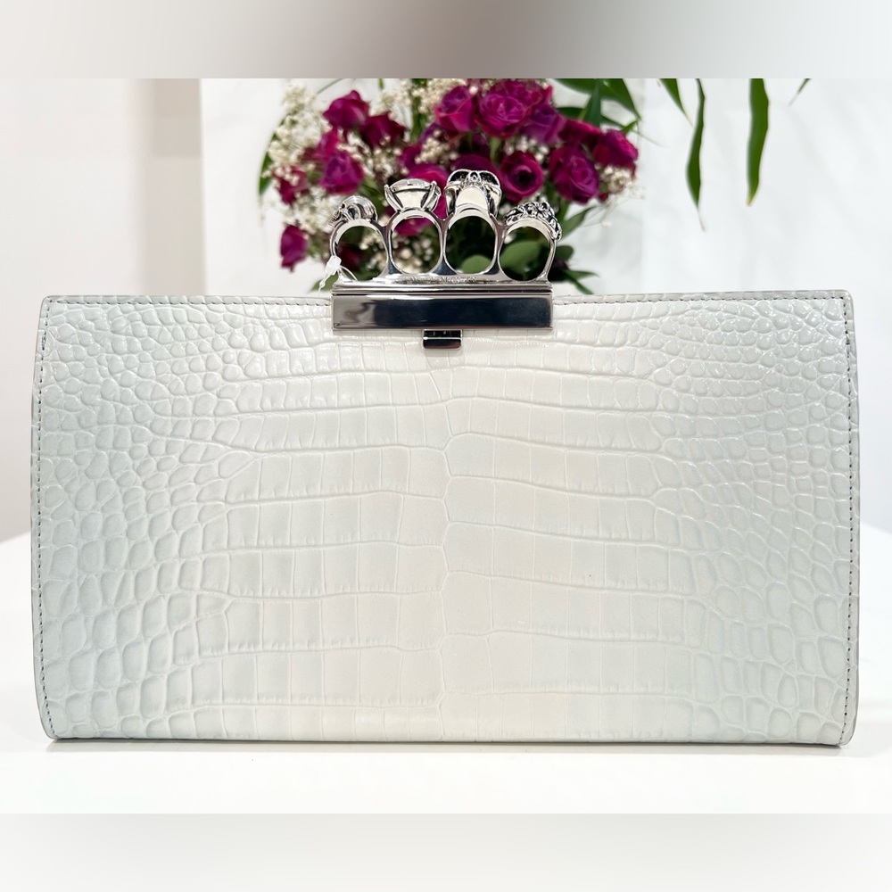 Alexander McQueen Skull Four-Ring Croc-Embossed Leather Pouch Clutch Bag